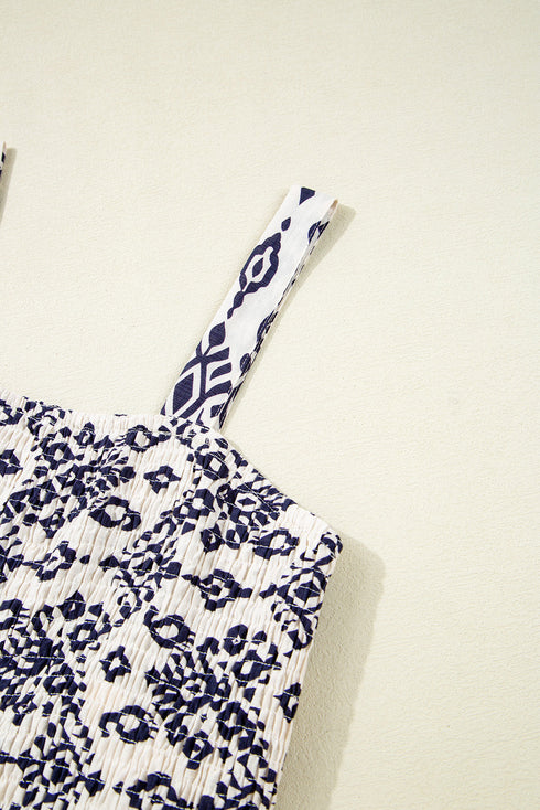 Blue Boho Geometric Print Shirred High Waist Wide Leg Jumpsuit