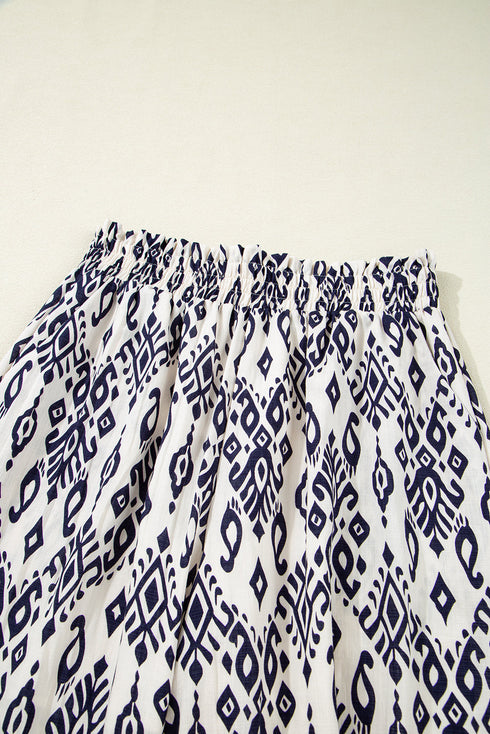 Blue Boho Pattern Print High Waist Wide Leg Loose Pants