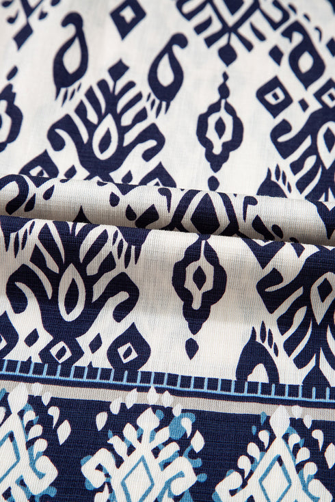 Blue Boho Pattern Print High Waist Wide Leg Loose Pants