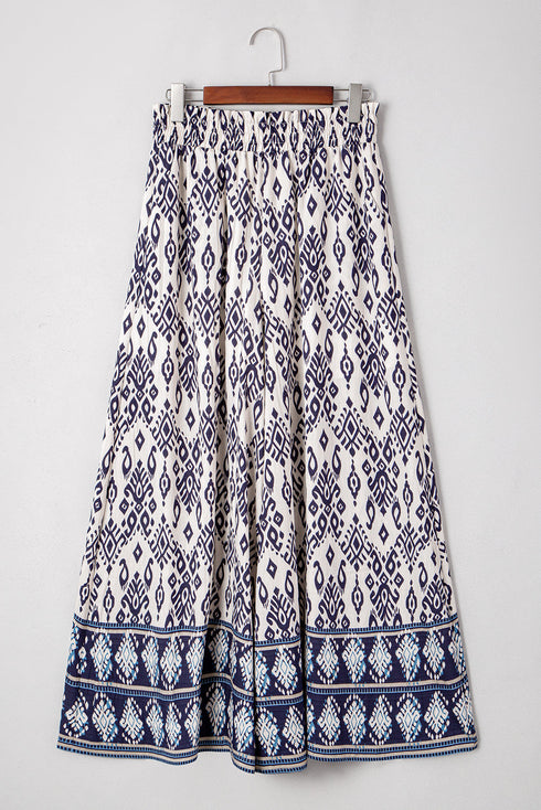 Blue Boho Pattern Print High Waist Wide Leg Loose Pants