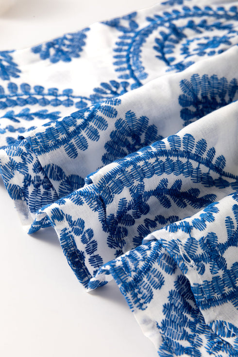 Blue Boho Print Flutter Sleeve Crew Neck Blouse