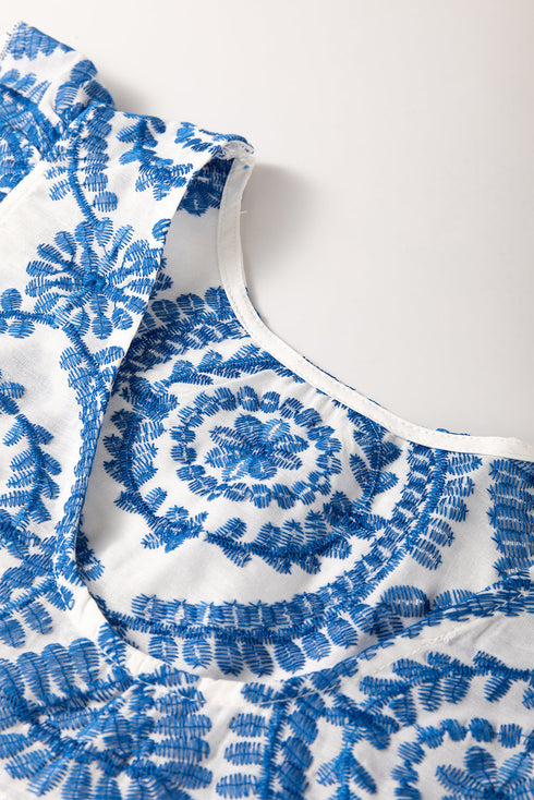 Blue Boho Print Flutter Sleeve Crew Neck Blouse