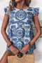 Blue Boho Print Flutter Sleeve Crew Neck Blouse