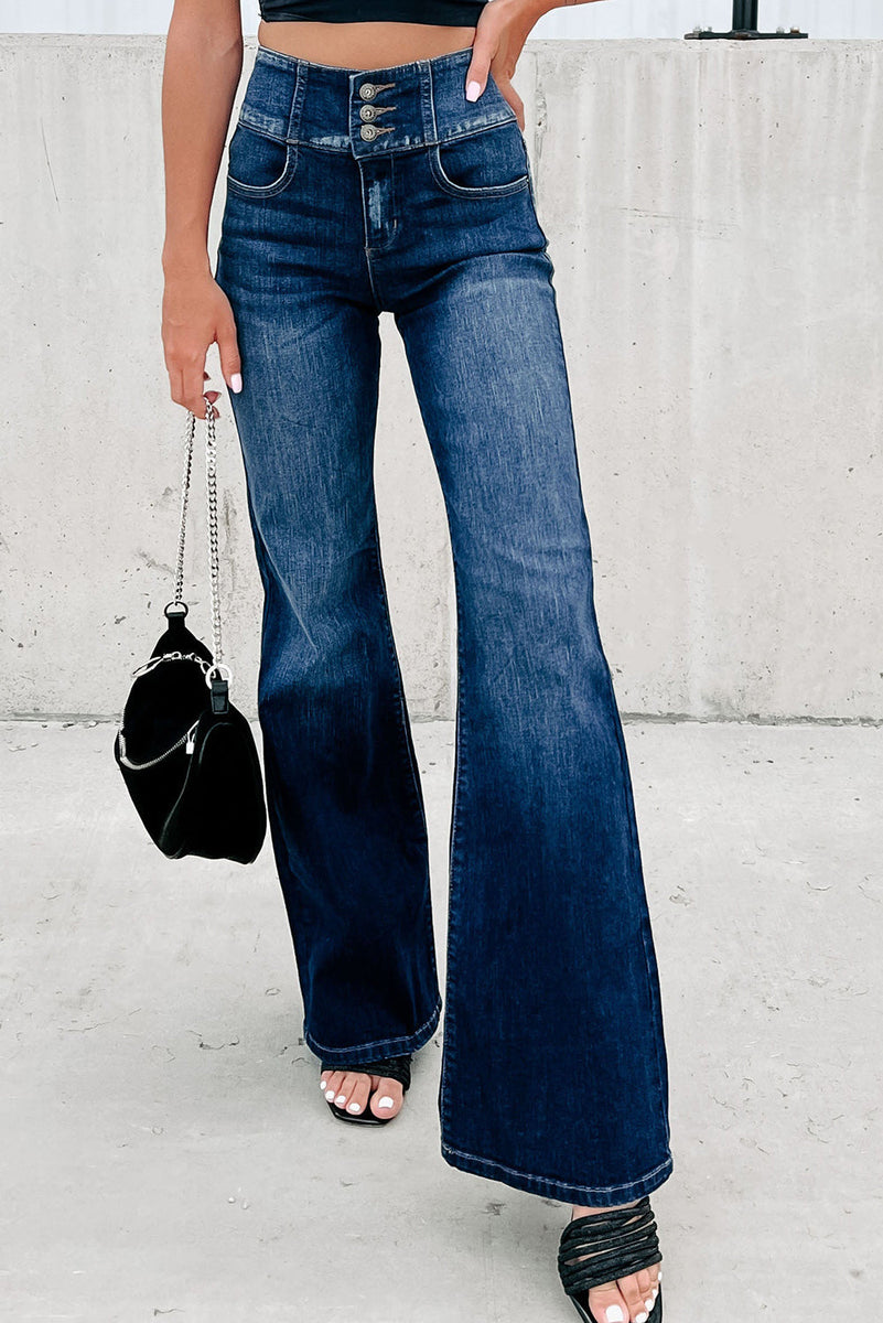 Blue Buttons Elastic Wide Waistband Back Flare Jeans - Sunny