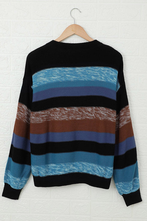Blue Color Block Highlight Balloon Sleeve Sweater
