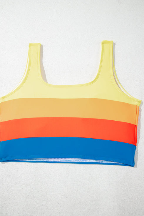 Blue Colorblock Square Neck Top Pleated High Waisted Bikini