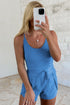 Blue Crossed Spaghetti Straps Drawstring Waist Sporty Romper