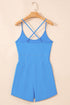 Blue Crossed Spaghetti Straps Drawstring Waist Sporty Romper