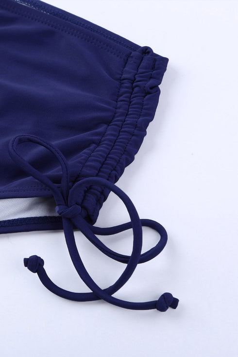 Blue Drawstring Ruched Sides High Waist Swim Panty