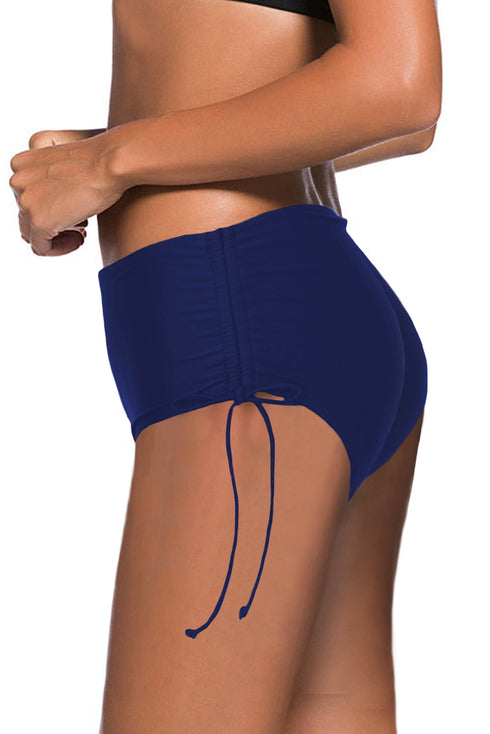 Blue Drawstring Ruched Sides High Waist Swim Panty