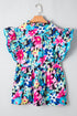 Blue Floral Flutter Sleeve Tied Notched Neck Plus Size Blouse