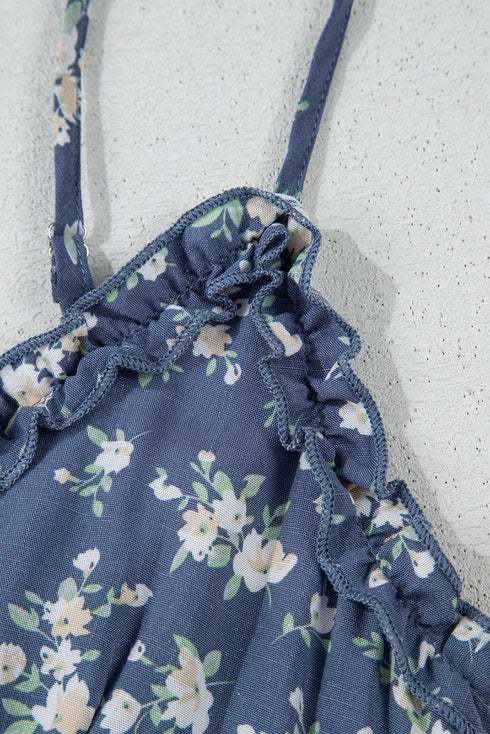 Blue Floral Spaghetti Strap Frilled V Neck Tiered Midi Dress