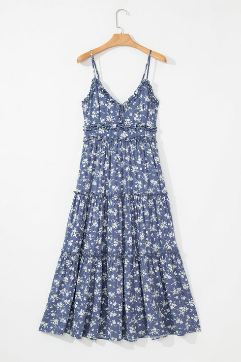 Blue Floral Spaghetti Strap Frilled V Neck Tiered Midi Dress