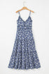 Blue Floral Spaghetti Strap Frilled V Neck Tiered Midi Dress
