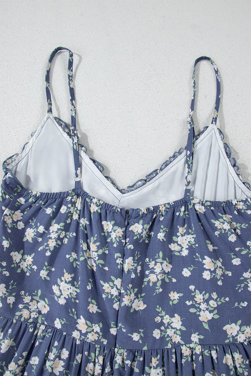 Blue Floral Spaghetti Strap Frilled V Neck Tiered Midi Dress