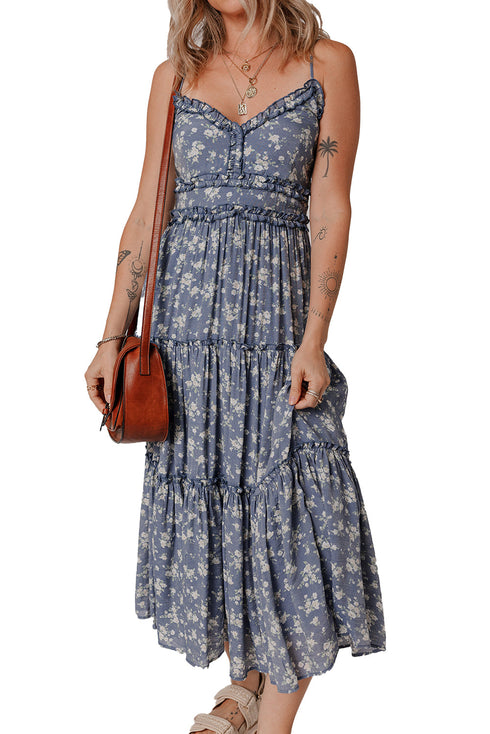 Blue Floral Spaghetti Strap Frilled V Neck Tiered Midi Dress