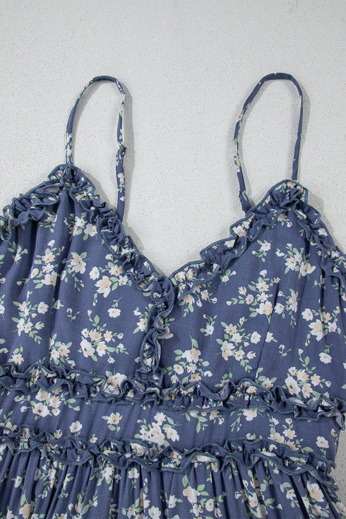 Blue Floral Spaghetti Strap Frilled V Neck Tiered Midi Dress