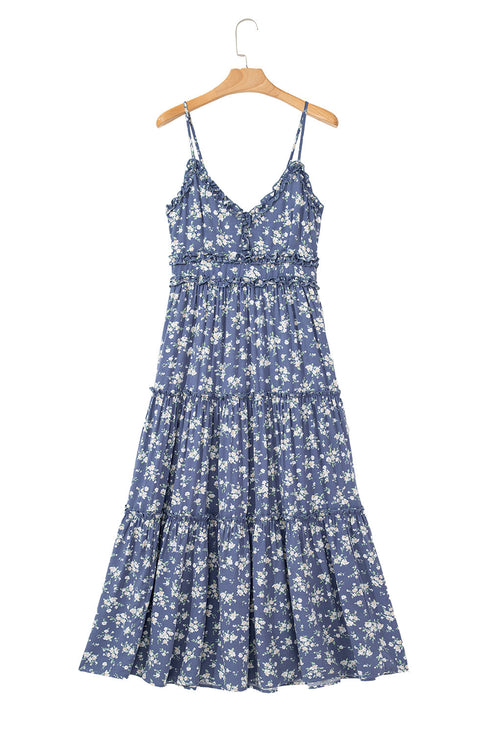 Blue Floral Spaghetti Strap Frilled V Neck Tiered Midi Dress