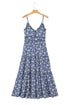 Blue Floral Spaghetti Strap Frilled V Neck Tiered Midi Dress