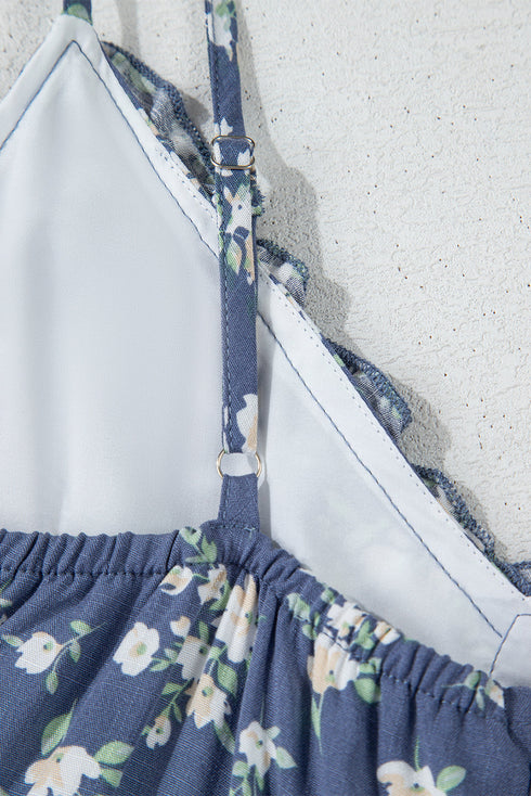 Blue Floral Spaghetti Strap Frilled V Neck Tiered Midi Dress