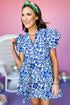 Blue Flower Print Puff Sleeve Tiered Dress