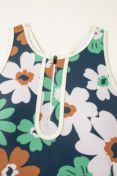 Blue Flower Zip up Racerback High Waisted Bikini