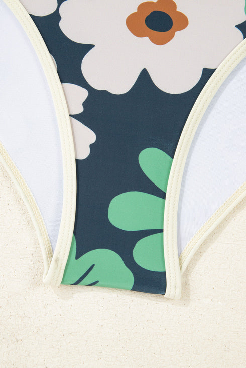 Blue Flower Zip up Racerback High Waisted Bikini