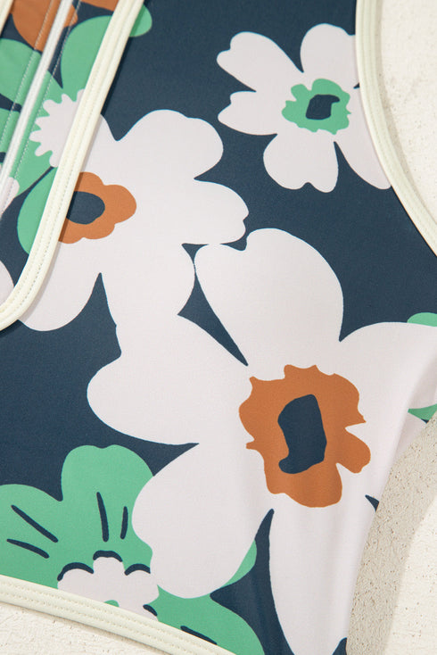 Blue Flower Zip up Racerback High Waisted Bikini