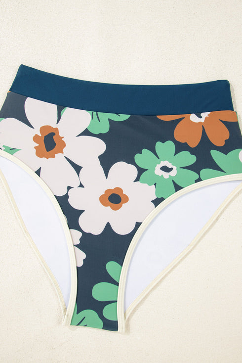 Blue Flower Zip up Racerback High Waisted Bikini