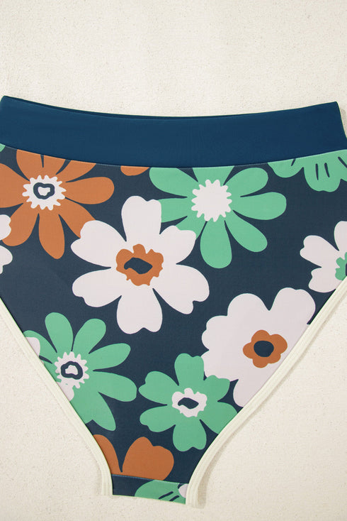 Blue Flower Zip up Racerback High Waisted Bikini