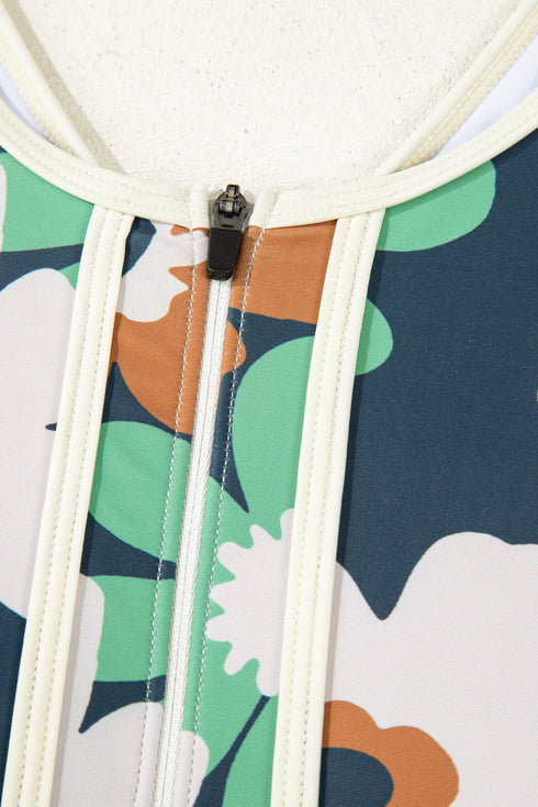 Blue Flower Zip up Racerback High Waisted Bikini