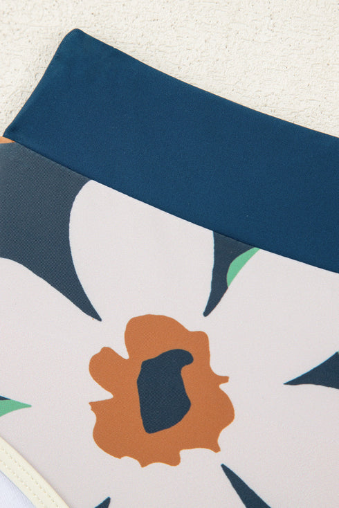 Blue Flower Zip up Racerback High Waisted Bikini