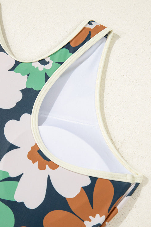 Blue Flower Zip up Racerback High Waisted Bikini