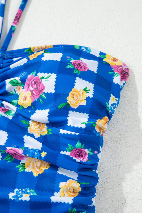 Blue Folk Gingham Halter Ruched Bodice Drawstring Ties One Piece Swimwear