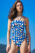 Blue Folk Gingham Halter Ruched Bodice Drawstring Ties One Piece Swimwear