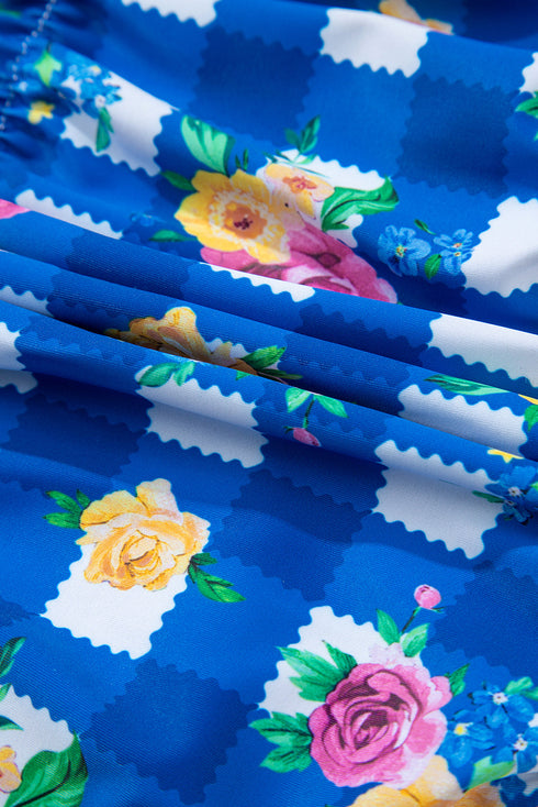 Blue Folk Gingham Halter Ruched Bodice Drawstring Ties One Piece Swimwear