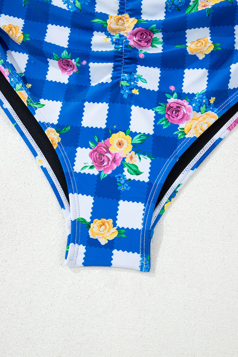 Blue Folk Gingham Halter Ruched Bodice Drawstring Ties One Piece Swimwear