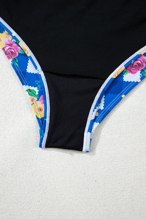 Blue Folk Gingham Halter Ruched Bodice Drawstring Ties One Piece Swimwear