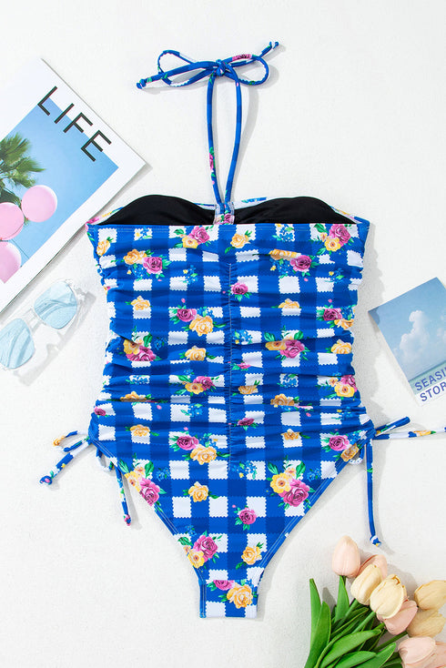 Blue Folk Gingham Halter Ruched Bodice Drawstring Ties One Piece Swimwear