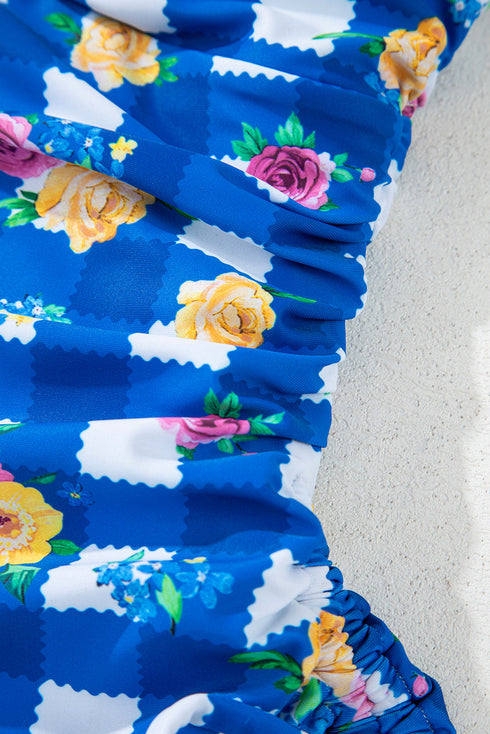 Blue Folk Gingham Halter Ruched Bodice Drawstring Ties One Piece Swimwear