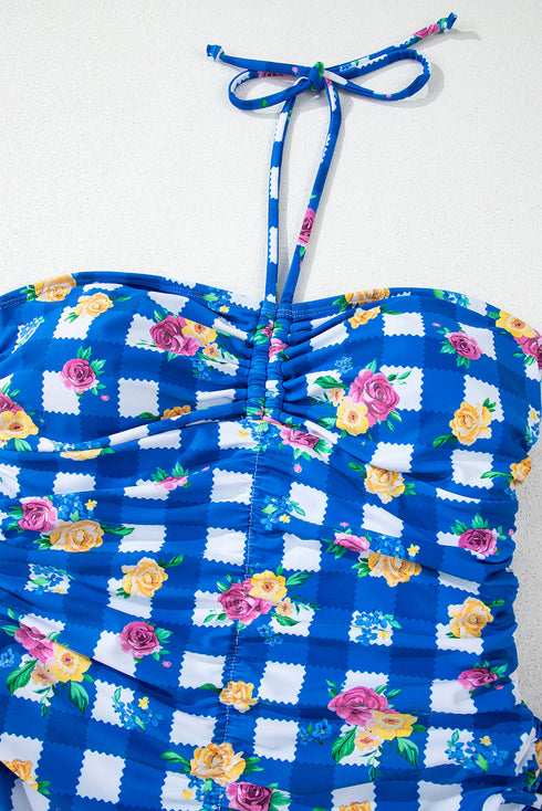 Blue Folk Gingham Halter Ruched Bodice Drawstring Ties One Piece Swimwear