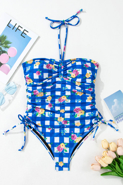 Blue Folk Gingham Halter Ruched Bodice Drawstring Ties One Piece Swimwear