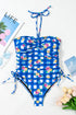 Blue Folk Gingham Halter Ruched Bodice Drawstring Ties One Piece Swimwear