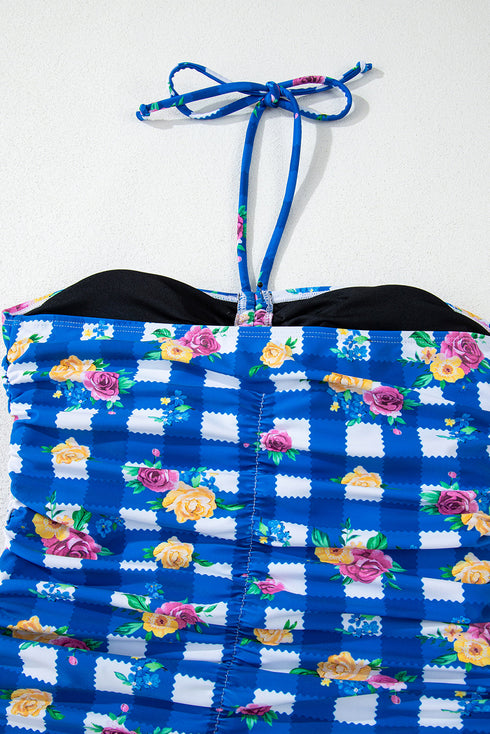 Blue Folk Gingham Halter Ruched Bodice Drawstring Ties One Piece Swimwear