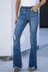 Blue Frayed Tassel Hem Elastic Waist Flared Jeans