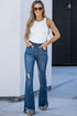 Blue Frayed Tassel Hem Elastic Waist Flared Jeans