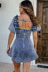 Blue Frilly Square Neck Bustier Puff Sleeve Short Denim Dress