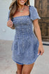 Blue Frilly Square Neck Bustier Puff Sleeve Short Denim Dress