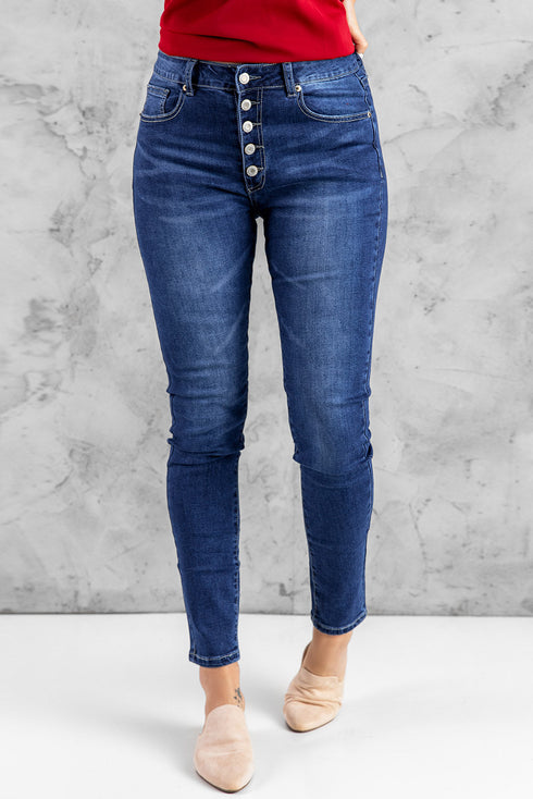 Blue High Rise Skinny Button Fly Jeans
