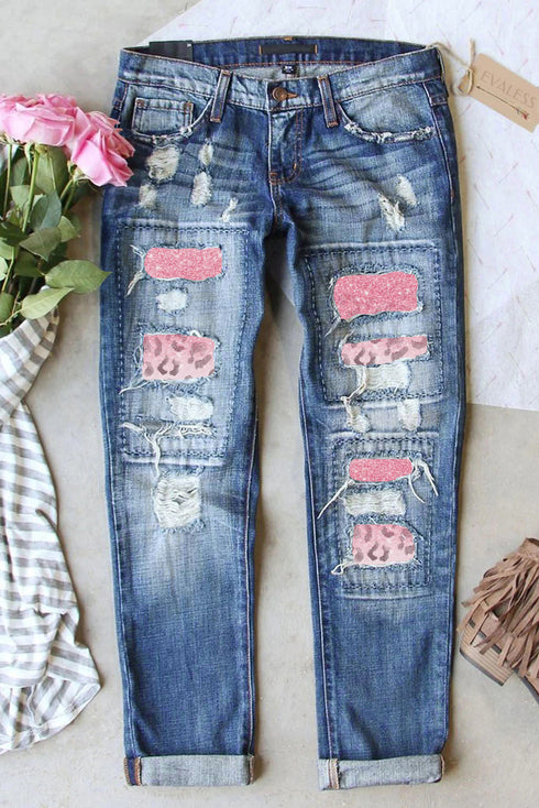Blue Leopard Gradient Color Patchwork Distressed Jeans